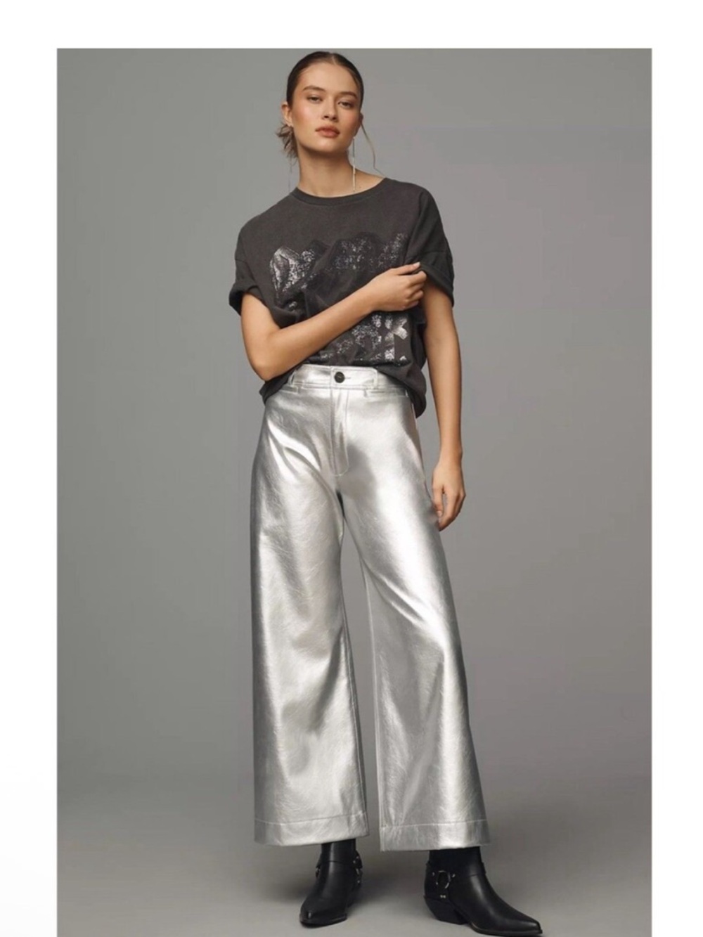 Anthropologie Maeve Ettie High Rise Crop Wide Leg Pants Silver Size 32